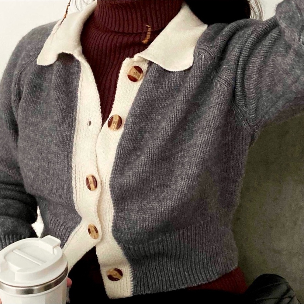 Dazy/Less Grey & Cream Button Down Collared Cardigan Extra Large